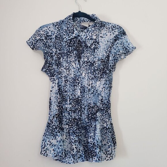 Vintage Y2K Sheer Button-Up‎ Pleated Polka Dot Blouse Womens L Feminine Casual - Picture 1 of 8